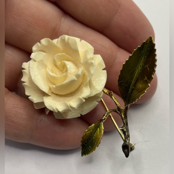 Vintage Signed Beau Sterling Carved Celluloid Rose Brooch Pin 1940s - Picture 3 of 8